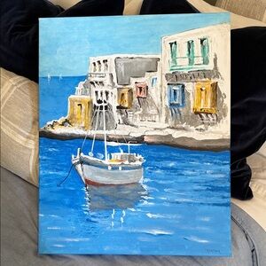 Coastal Boat Scene Oil on Canvas